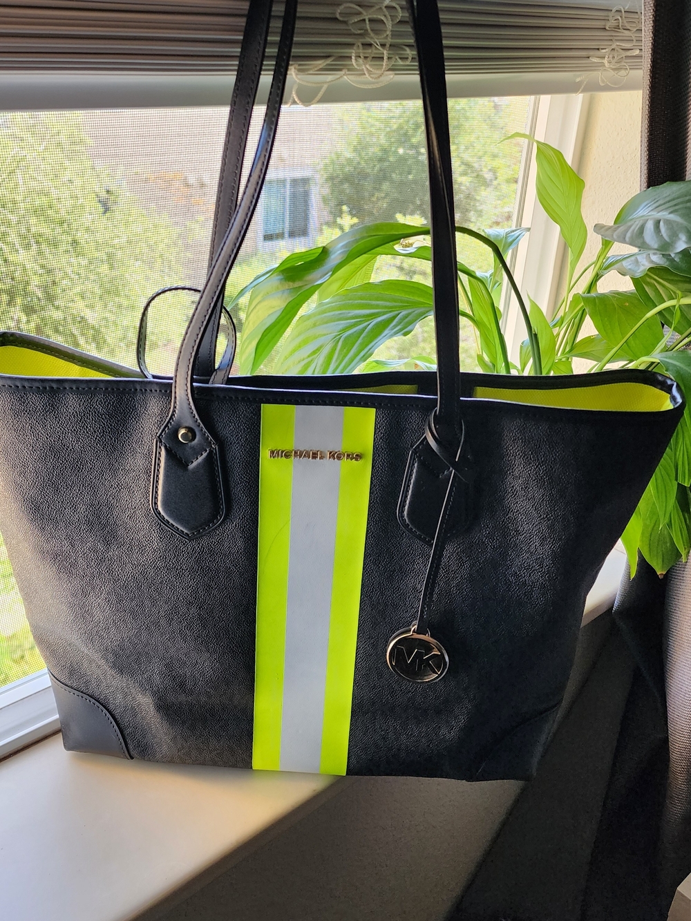 Michael Kors Eva Black Tote with Neon Stripe